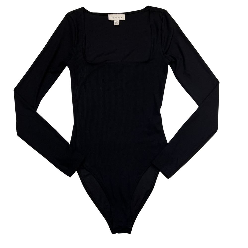 Topshop Black Long Sleeve Square Neck Bodysuit Size 2 Ribbed Stretch
